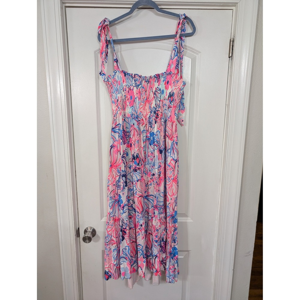 Lilly Pulitzer Riveria Dress Smocked Pink  make a splash Floral Women's‎ Large
